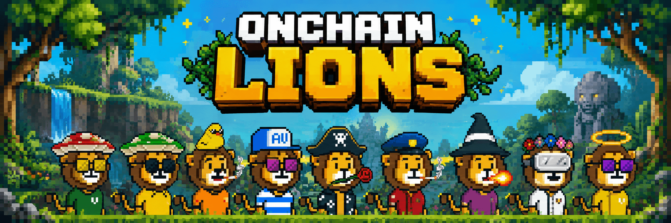 Onchain Lions in a pixel-art jungle